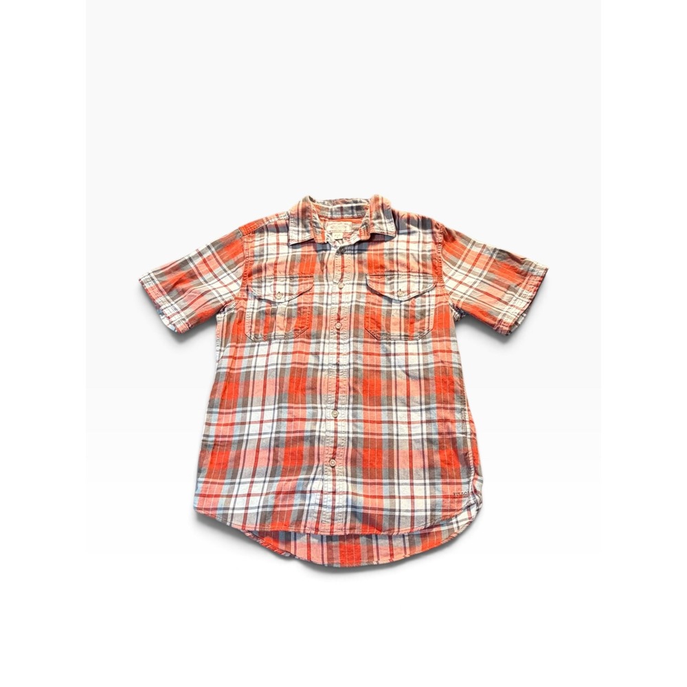 Filson Mens Small Short Sleeve Plaid Button Down Shirt Red Blue Cotton Blend